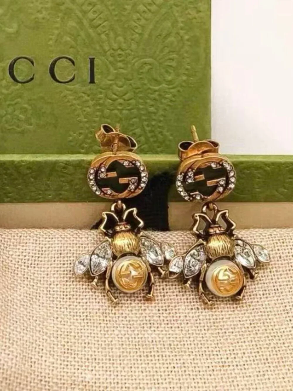 Gucci Vintage Bee Interlocking GG Crystal Drop Earrings